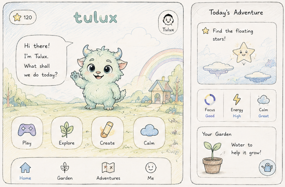 A hand-drawn concept sketch of the younger children's screen — a fluffy companion character called Tulux on a sunny landscape, with Play, Explore, Create, Calm tiles and a Today's Adventure panel.