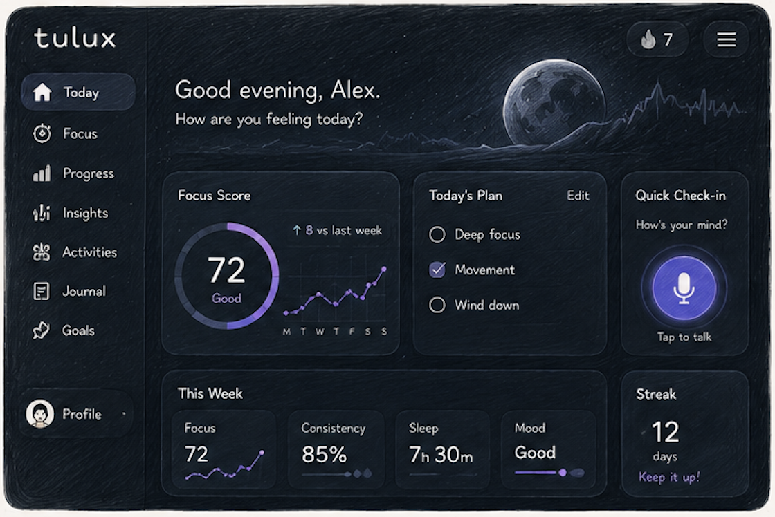 A concept mockup of the teenager dashboard — focus score, weekly trend, day plan with deep focus and movement, a voice check-in, and weekly stats. Dark navy interface with a starry sky.